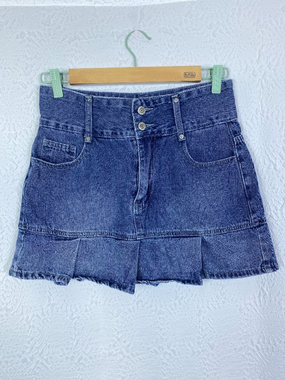 Denim Skirt High Waist Pleated Hem Mini Skirt Y2K Blue Size 4 Shein